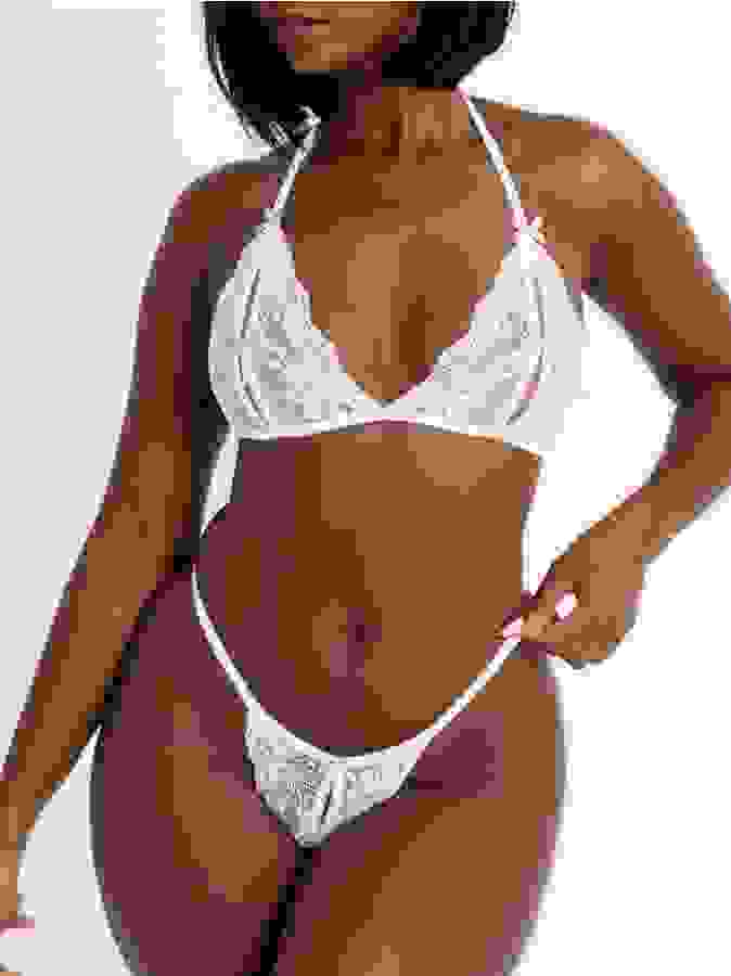 Lovehoney Peek-a-Boo White Lace Bra and Crotchless G-String, White, hi-res